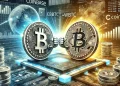 A detailed and dynamic digital illustration of two competing digital coins representing cbBTC and WBTC