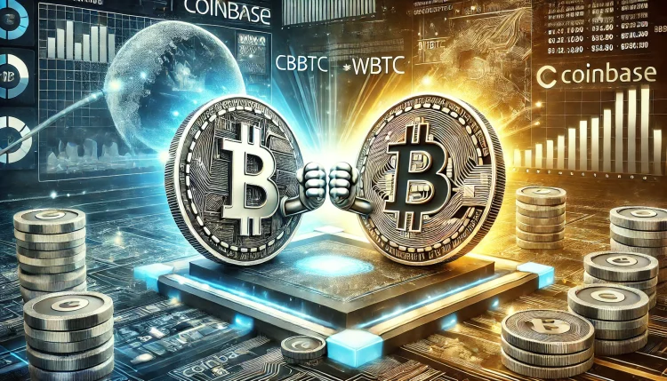 A detailed and dynamic digital illustration of two competing digital coins representing cbBTC and WBTC